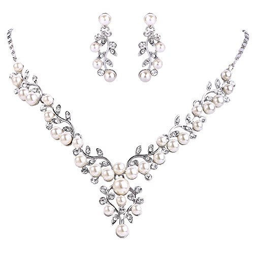 EVER FAITH Crystal Simulated Pearl Leaf Vine Bridal Prom Necklace Pierced Earrings Set Clear Silver-Tone