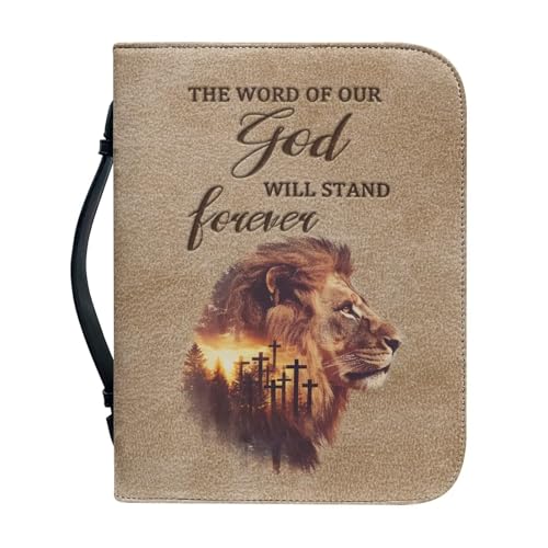 Psesaysky Bible Covers for Women Lion Cross Monogram Waterproof Bible Holder Case for Man Portable Bible Protector PU Leather Bible Organizer Bag Large Size