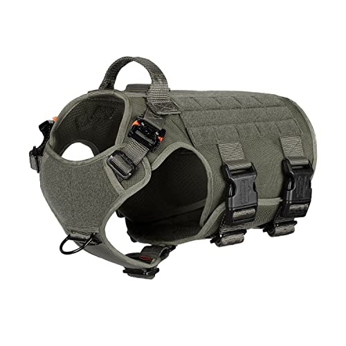 ICEFANG GN5 Tactical Dog Harness ,Hook and Loop Panels,Walking Training Work Dog MOLLE Vest with Handle,No Pulling Front Leash Clip,6 x Buckle (M (Neck:16"-22" ; Chest:25"-31" ), Green)