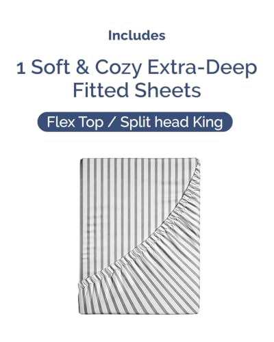 Image of Extra Deep Flex Top Split Head King Fitted Sheet - Hotel Luxury Single Fitted Sheet Only - Easily Fits 18 inch to 24 inch Mattress - Ultra Soft, Wrinkle Free w /Extra Deep Pockets - Grey Stripes 2
