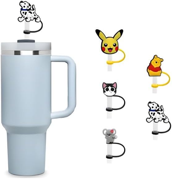 BlueeWater 5Pcs 0.4in/10mm Diameter Cute Silicone Straw Covers Cap for Stanley Cup, Dust-Proof Drinking Straw Tips Lids. (Anime Family)