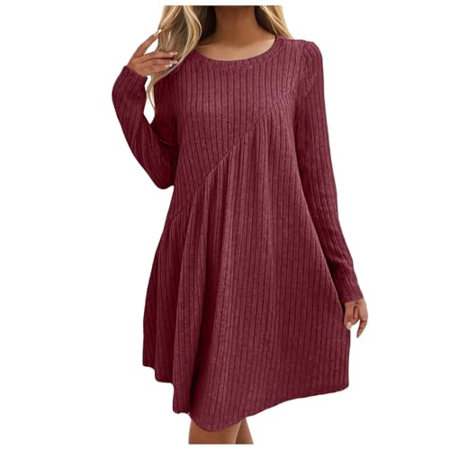 Vestido De Punto para Mujer - Suéter Pulóver Cuello Redondo Manga Larga Otoño Invierno Tejido Vestido Suelto Color Sólido Talla Grande Vestidos Ropa De Calle Rojo XXL