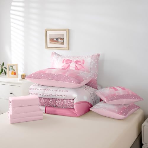 Image of Feelyou Kids Pink Bowknot 7 Pieces Bedding Set Queen Size, Personalized Initial H Bed in A Bag Princess Glitter Comforter Set with Sheets Boys Girls Bow Alphabet Teens Bed Set Bedroom Decor 7Pcs