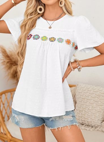 Womens Summer Tops Boho Crewneck Short Sleeve Shirts Floral Crochet Chiffon Blouses Flowy Casual Swiss Dot Clothing2