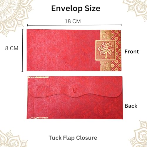 Image of Pack of 25, Rectangle Shape Metallic Paper Shagun Envelopes for Gifting Sagan Lifafa Wedding Occasion Cash Money, 18 X 8 cm, Red Color - Gold Tree Design