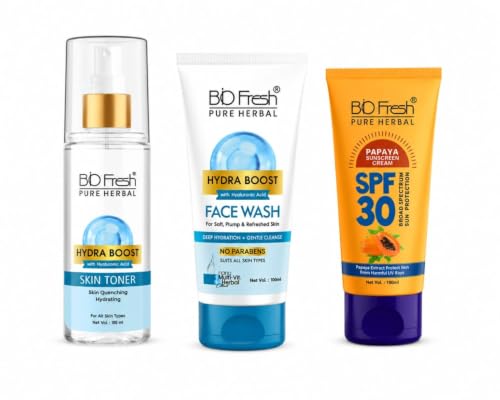 Image of BIOFRESH Korean Glass Skin Care Combo | Hydra Face Wash + Hydra Boost Toner + SPF 30 Sunscreen | Hydrating Face Cleanser, Pore Refresh Toner & Sun Protection | Daily Skincare Routine for Women & Men