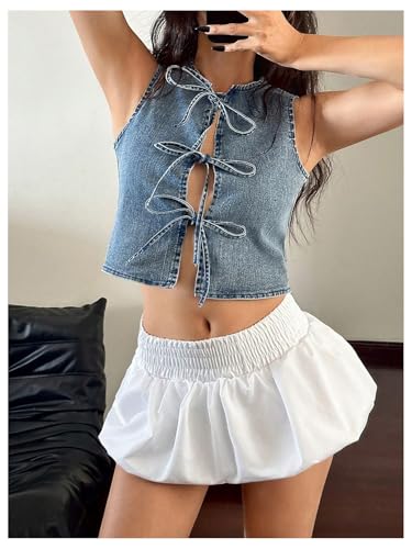 MakeMeChic Women's Tie Front Denim Vests Sleeveless Crew Neck Slim Fit Crop Tops4