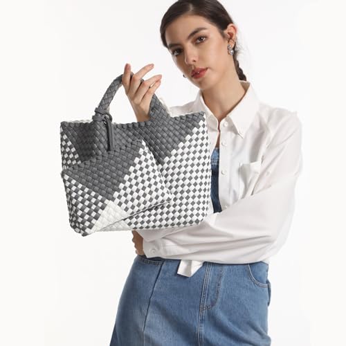 Image of Woven Bag for Women, Neoprene Tote Bag Summer Beach Handbag Purse Retro Handmade Travel Shoulder Bag Set