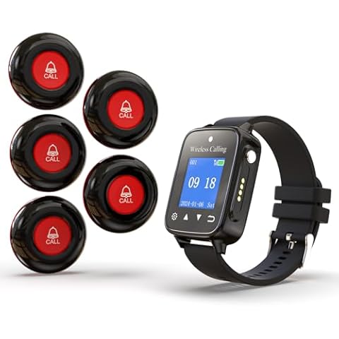 CallToU Wireless Caregiver Pager Call Button for Patient Nurse Alert System for Elderly Monitoring 1000ft Waterproof Call Bell for Home 1 Receiver Wrist Pager 5 SOS Call Buttons Cover