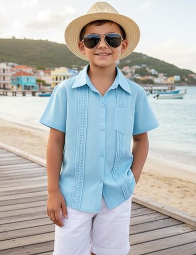 Image of Boys Guayabera Shirt Short Sleeve Button Down Casual Linen Shirt with Pockets for Summer Hawaiian Holiday 4-13Y