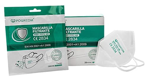 Mascarillas POWECOM FFP2 CE 2834 - Homologadas y Certificadas. 5 Capas, Filtración de Partículas: ≥ 94% - Cumple Normativa EN 149:2001 + A1:2009 (envase individual/caja 20 uds) Pequeñas, Talla S Cover