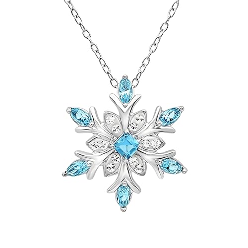 IMINI Elegant CZ Snowflake Pendant Necklace, Blue Crystal Winter Jewellery for Women, Adjustable Silver Plated Chain 45cm, Dainty Trendy Christmas Festive Party Accessory