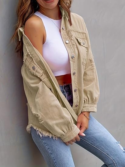Women's Distressed Denim Jacket Button Down Oversized Jean Jackets Ripped Frayed Shacket Coat Outerwear2