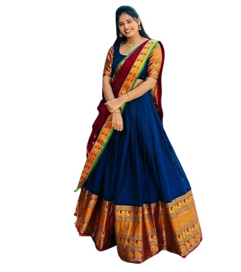 Women Silk Heavy Kanchipuram Wedding Style Half Saree Semi-Stitched Lehenga Set Regular Fit Blouse & Dupatta (BLUE)-picture-52