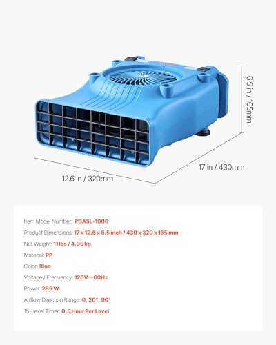 Image of VEVOR Blower Fan, Low Profile Air Mover Carpet Dryer, 1000 CFM, 2 Speeds, Multi-Angle Airflow, Lightweight Portable for Crawlspaces, Attics, Basements, Bathrooms, Water Damage Restoration, Blue