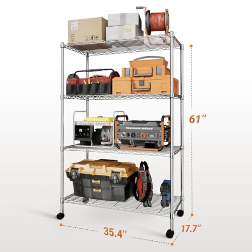 Image of Simple Deluxe Heavy Duty 4-Tier Shelving with Wheels, 35.43 inch W x 17.72 inch D x 61.02 inch H Adjustable Steel Organizer Wire Rack, 1400 Lbs Loading Capacity, Chrome