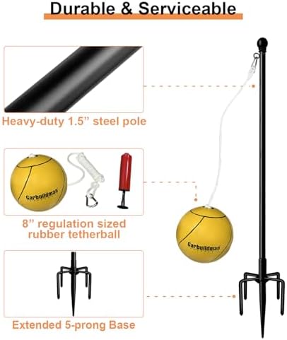 Garbuildman Tetherball Set with Rope for Outdoor Backyard, Adjustable Tether Ball Pole with Reinforced 5-Prong Base for Playground, Outside Ball Games Sports for Kids & Adults, 7.5 FT, Black - 3