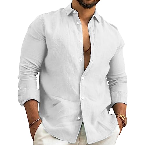 NIBESSER Camisa Lino Hombre Manga Larga Camisa Verano Hombre Elegante Camisa Slim Fit Hombre Casual con Botónes Camisas con Cuello Clásico Transpirable para Vacaciones Mar Playa, Blanco, L