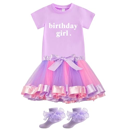 Image of Birthday Outfit Girl Toddler 3 Pcs Skirt Sets Birthday Girl Shirt and Tutu Skirt with Lace Ruffle Socks