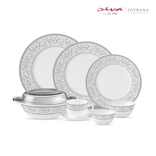 Image of La Opala Diva Sovrana Collection Opal Glass Crockery | for Family of 8 | Dinner Set 62 pcs Persian Silver | Plates & Bowls for Dining | Microwave Safe | 100% Vegetarian | Extra Strong | Light & White