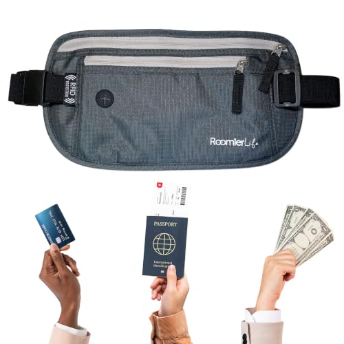 Image of RFID Blocking Passport Holder Travel Pouch for Men & Women - Hidden Money Belt with Anti-Theft Locking Zipper, Slim Waterproof Waist Wallet for Cash, Credit Cards, Passport & Travel Documents, Grey