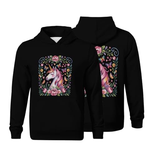 Kids Flower Unicorn Boys Girls Lightweight Kangaroo Pocket Fleece Hoodies - Main Image