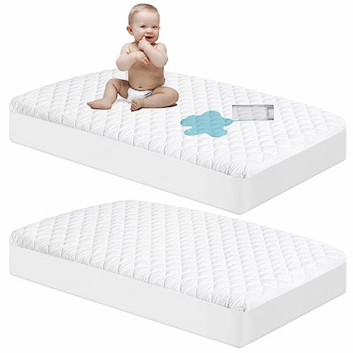 Image of NTBAY 2 Pack Waterproof Mini Crib Mattress Protector, Quilted 24"x38" Fitted Mattress Cover - Machine Washable - Soft and Breathable Baby Mattress Pad Sheet for Mini Crib and Baby Playards, White
