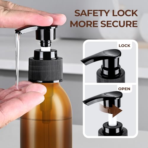 Amber Glass Pump Bottle Dispenser 4 oz，Homepicker Shampoo Lotion Bottle with Pump for Body Oil，125ml Brown Glass Bottles with 1 Extra Pump Tops, Black Caps, Labels - 3 Pack3
