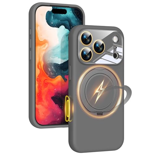 Image of Silicone 360 Spin Magnetic Stand Case for iPhone 17 Pro Max, [Compatible with Mag-Safe][Reinforced Hard Camera Protection] Liquid Silicone Rubber Phone Cover with Ring, Camera Button, Slate Gray