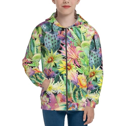 Watercolor Blooming Cactus Kid Hoodies Boys Zip Up Sweatshirts Girls Pullover with Pocket3