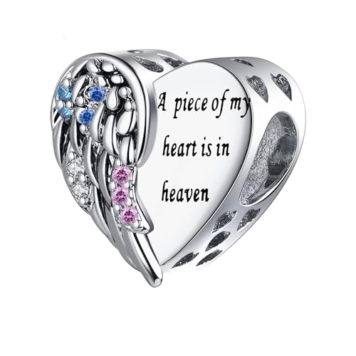 QeenseKc Angel Wing Heart Charm CZ Bead Compatible with Pandora Bracelet Engraved A Piece of My Hearts is in Heaven