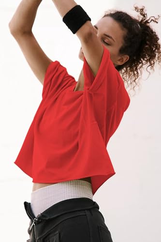 Image of HUGOOME Womens Oversized Workout Crop Top Casual Short Sleeve Boxy Roll Hem