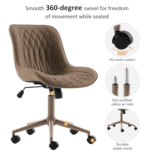 Image of YOUNIKE Faux Leather Office Desk Chair Comfy Vanity Chair Armless Khaki | Ergonomic Upholstered Rocking Back, Swivel with Wheels, Height Adjustable, Modern Task Chair For Computer Sewing Drafting