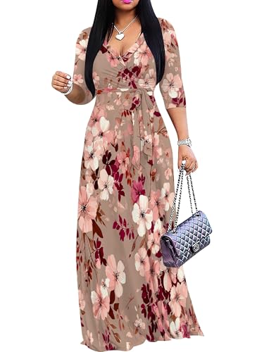 Image of Plus Size Dresses for Women Floral Print Maxi Dress Flowy 3 /4 Sleeve with Belt