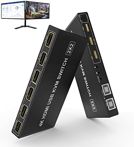 Dual Monitor HDMI KVM Switch 2 Port, UHD 4K@60Hz Extended Display USB KVM Switch HDMI 2 in 2 Out with USB 2.0 Hub and Audio Output, PC Monitor Keyboard Mouse Switch with USB Cables x2 and Controller