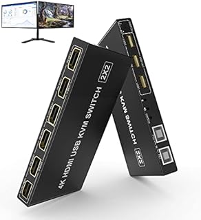 Dual Monitor HDMI KVM Switch 2 Port, UHD 4K@60Hz Extended Display USB KVM Switch HDMI 2 in 2 Out with USB 2.0 Hub and Audio Output, PC Monitor Keyboard Mouse Switch with USB Cables x2 and Controller
