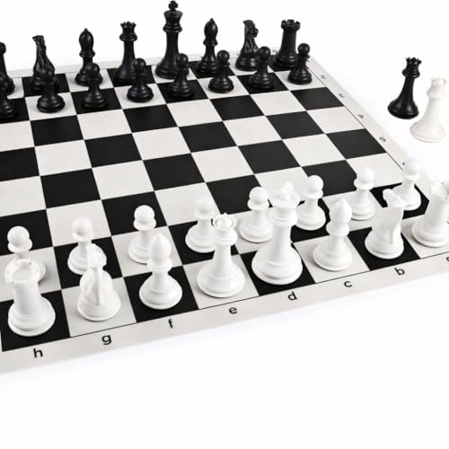 Image of SUPER TOY 10 inch Portable Chess & Checkers Set, 2 in 1 Travel Board Games for Kids and Adults, Folding Roll up Vinyl Chess Game Sets, 24 Checker Pieces, Tournament Thick Mousepad Mat (Black & White)