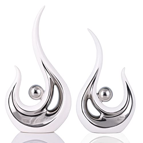 Set de 2 estatuas decorativas de cerámica abstracta plateadas