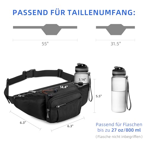 Wiserset Bauchtasche für Herren und Damen, Gürteltasche mit Flaschenhalter Gurt Verstellt Hüfttasche mit 6 Reißverschlusstaschen für Wandern Hundespaziergänge Joggen Radfahren Reisen Laufen, Schwarz