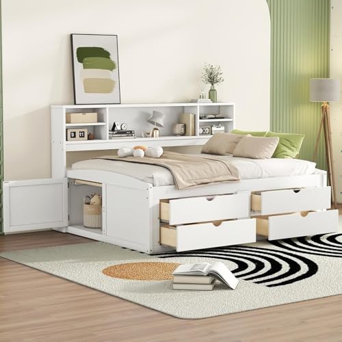 MERITLINE Full Daybed with Storage Bookcase,Shelves and Drawers,Solid Wood Full Captain’s Bed Frame with Drawers for Adults,No Box Spring Needed (White)