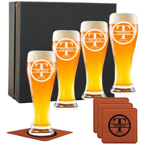 Customized Gifts for Men - Personalized Beer Glass Set w Engraved Coasters - Monogram Etched Pilsner Glasses Great for Family Home Bar - Valentine's, Housewarming, Christmas & More. Cover