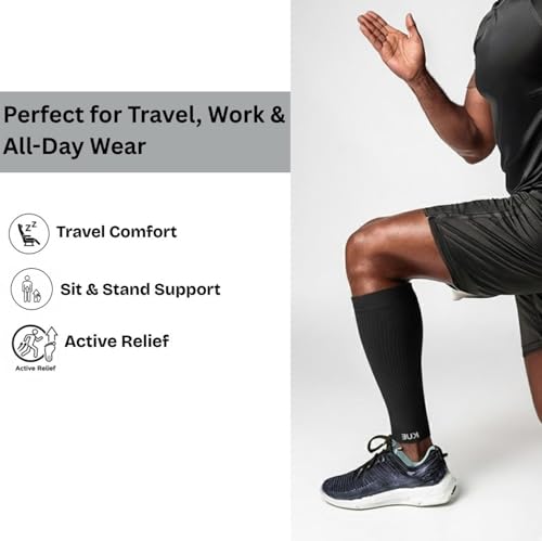 Image of KUE Compression Calf Sleeves for Running, Sports, & Medical Recovery | Graduated Support for Men & Women | Improves Blood Circulation, Pain Relief | UV Protection (Black, Blue, Grey, 3 Pairs, M)