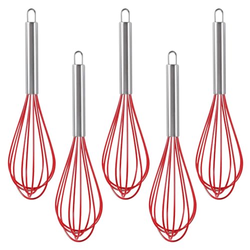 Ousyaah 5-Piece Silicone Whisk Stainless Steel Handle, 10-Inch Kitchen Egg Beater Milk Frothers for Cooking, Classic Mixer Balloon Wire Whisk for Blending, Whisking, Beating and Stirring (Red)