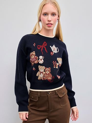 Image of CIDER Women's Fall Sweaters Long Sleeve Cute Sweaters Bear Graphic Crewneck Soft Knit Casual Cropped Pullover