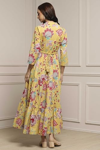 Image of Biba Women's Cotton 3 /4 Sleeves Calf Length Band Collar A-Line Floral Printed Casual Dress
