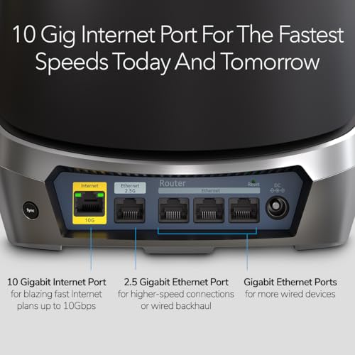 Image of NETGEAR Orbi Quad-Band WiFi 6E Mesh Network System (RBKE963B) - Router +2 Satellite Extenders, Security Features, Up to 10.8Gbps, Coverage up to 9,000 sq.ft., 200 Devices, 10 Gig Internet Port, Black