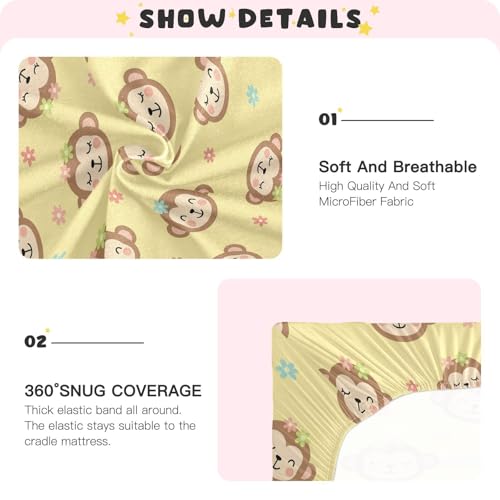 Image of Monkey Flowers Yellow Fitted Crib Sheet for Boys Girls Baby Mattress Sheets for Toddler Bed Mattress,39 x 27 in
