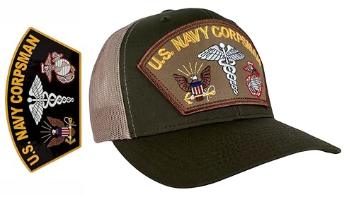 HAWKINS MILITARY MERCHANTS Navy Corpsman Hat Mesh Back OD/Tan + Free Sticker