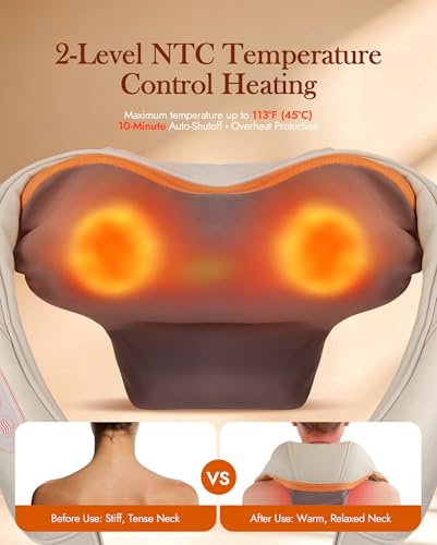 Image of Neck Massager with Heat Cordless: Shiatsu Back Shoulder Massage Tools for Pain Relief Deep Tissue Electric 4D Kneading for Muscle Remedy Lymphatic Drainage Gifts for Men Women Mom Dad