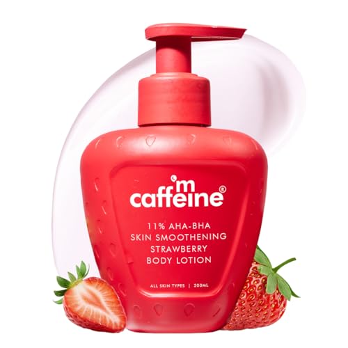 Image of mCaffeine 11% AHA BHA Strawberry Body Lotion for Skin Smoothening | Gently Exfoliates Dead, Dry, Even Tones Skin | 72hr Moisturization | Juicy Strawberry Scent, For Men & Women-200ml